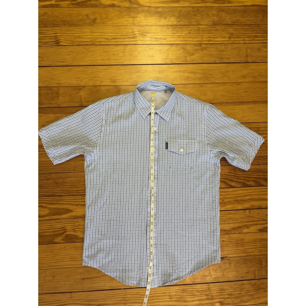 Criquet Mens Small Seersucker‎ Shirt Blue White Check Short Sleeve Vented - Picture 7 of 11